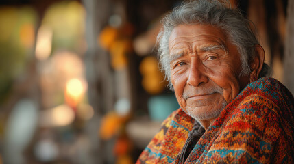 Cinco de Mayo, Elderly Man in Traditional Mexican Poncho with Warm Expression, Ai Generated images.
