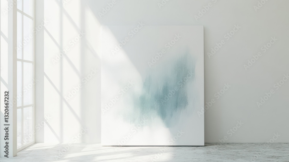 Poster bold abstract artwork displayed on a white canvas in a sunlit, minimalist gallery space