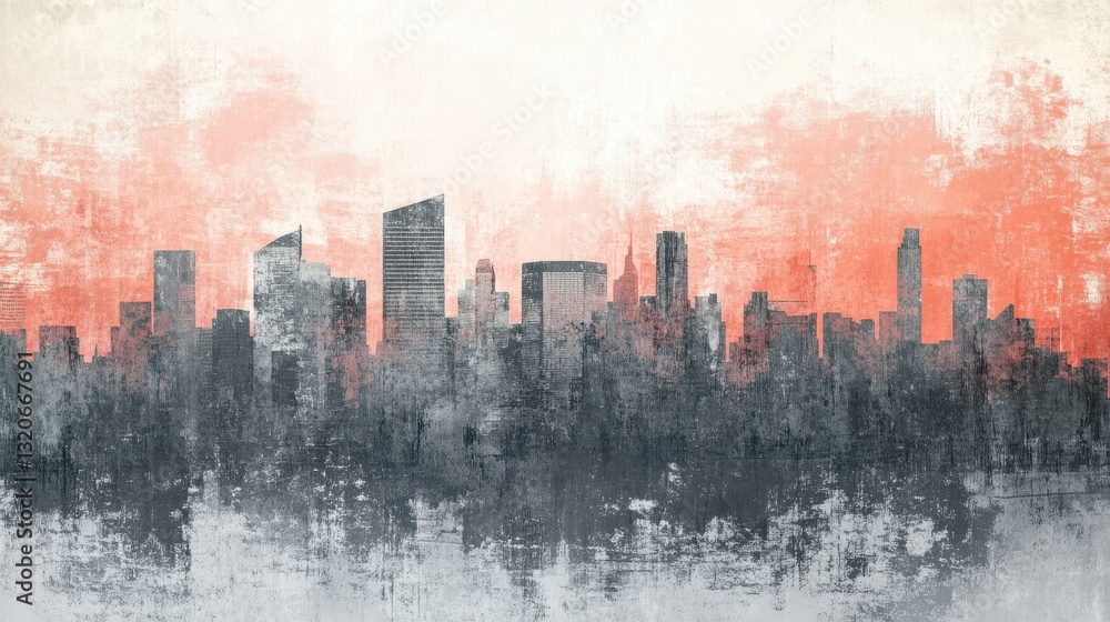 Poster silhouette of a city skyline against a muted background with soft gradients at dusk