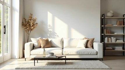 Serene Living Room Design Featuring a Comfortable Off-White Sofa and Stylish Decor