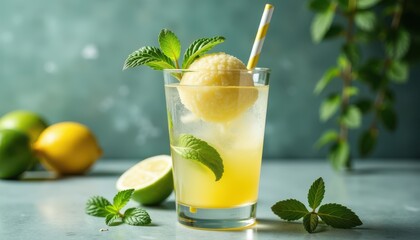 Fototapeta premium Refreshing Citrus Mint Drink with Sorbet Ball