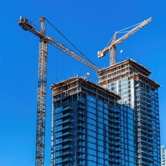 Modern skyscrapers under construction near the coastline, with cranes towering over the city. Large urban development project. Generative AI.