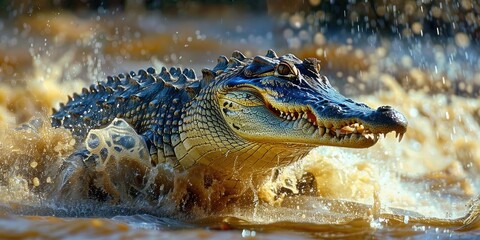 Obraz premium Fierce crocodile surges through muddy water, showcasing its powerful jaws and textured scales in a dramatic wildlife scene.