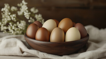Monochromatic Easter eggs in stylish neutral tones, arranged in an elegant ceramic bowl with a soft linen backdrop, creating a sophisticated and minimalist holiday display.

