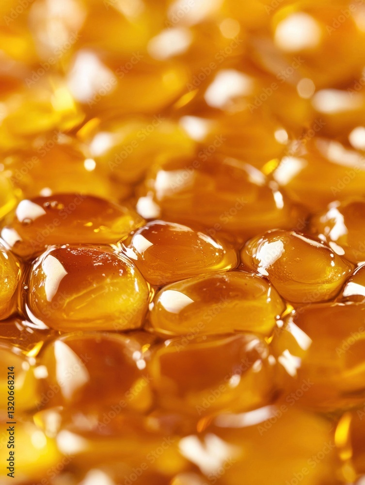 Poster close-up of a group of small, round, amber-colored capsules. the capsules are arranged in a scattere