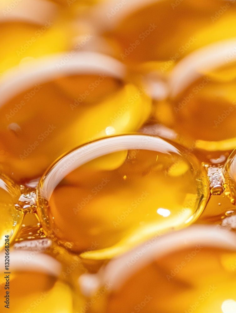Poster close-up of a group of small, round, amber-colored bubbles. the bubbles are arranged in a scattered 