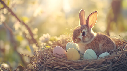 A cute rabbit exploring an Easter nest filled with pastel colored eggs under the sunlight.A cute rabbit exploring an Easter nest filled with pastel colored eggs under the sunlight.
