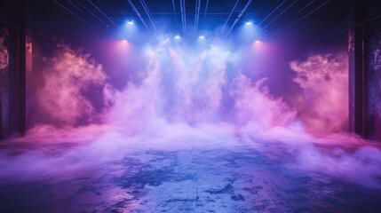 Fototapeta premium Vibrant neon lights illuminate smoky industrial interior with atmospheric ambiance