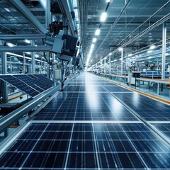 Obraz premium Automated solar panel manufacturing plant with conveyor belts assembling photovoltaic cells. Renewable energy production industry. Generative AI.