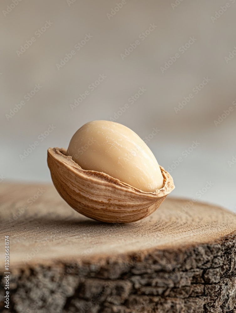 Aufkleber close-up of a single hazelnut shell on top of a piece of wood. the shell is light brown in color and