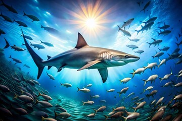 Obraz premium Aerial View: Shark Swimming in Ocean with Baitfish