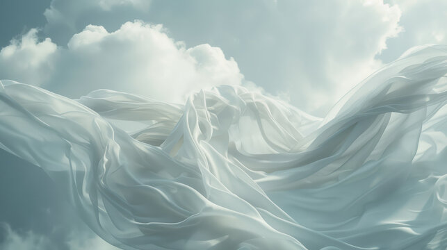 Flowing white fabric in the sky against a cloudy background, capturing movement and elegance
