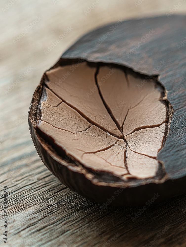 Poster close-up of a round, dark-colored object on a wooden surface. the object appears to be made of wood 
