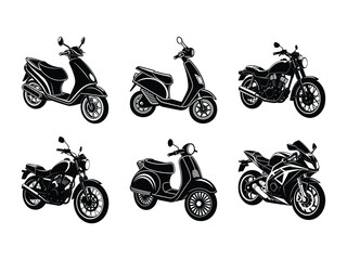 Set of scooters and motorcycles silhouette isolated on white background