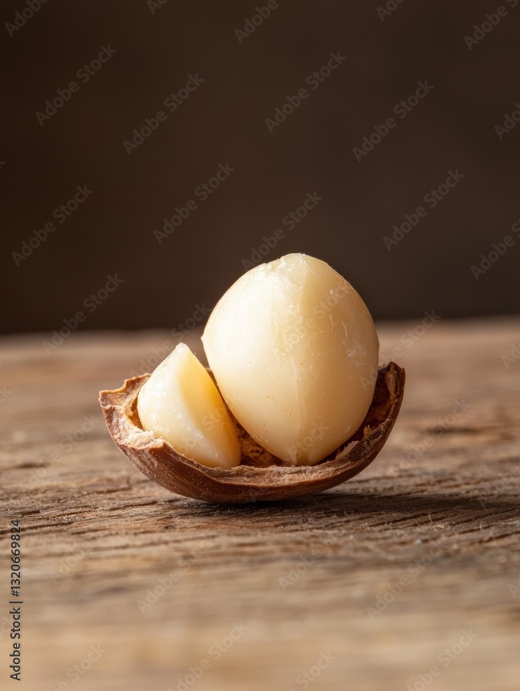 Poster single macadamia nut on a wooden surface. the nut is in the center of the image, with its shell faci