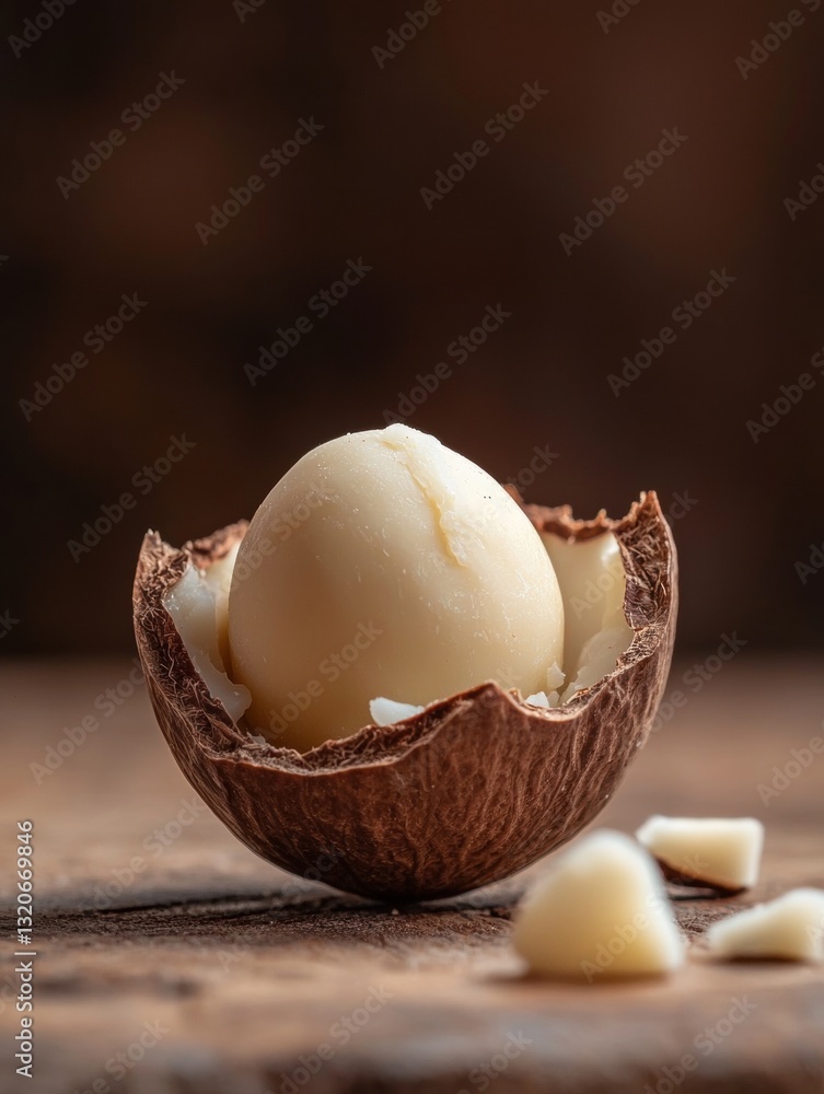 Aufkleber single egg in a coconut shell. the egg is white and appears to be soft and smooth. the shell is dark