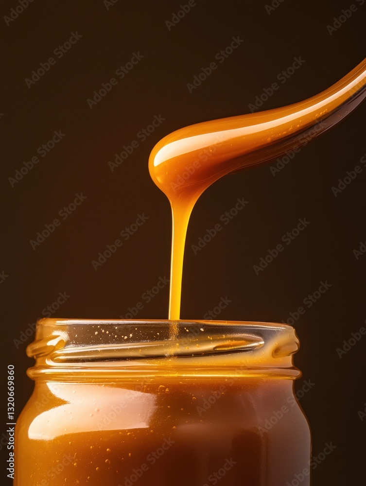 Poster jar of honey with a spoonful of honey dripping from it. the honey is a golden-brown color and appear