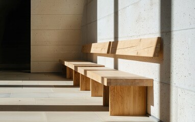 Wooden benches in a modern concrete building, sunlight streams through, casting shadows on the floor. Minimalist interior design with natural light