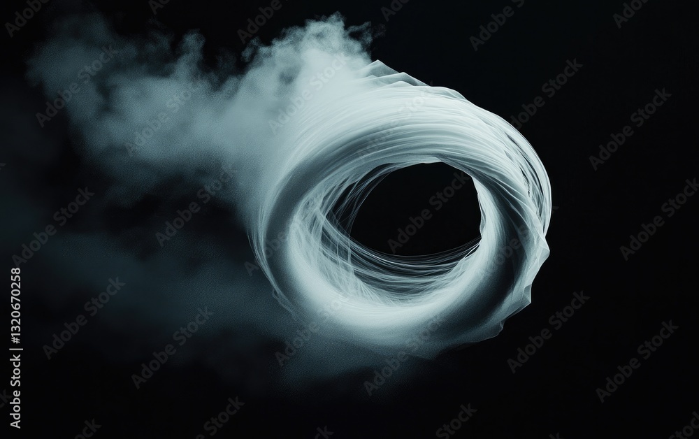 Poster abstract swirling cloud of white particles on a black background. the particles form a ring shape wi