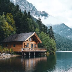 Fototapeta premium Luxury wooden cabin with a spacious deck overlooking a scenic lake and mountains. Peaceful nature retreat. Generative AI.