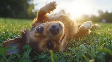 National pet day with playful and love idea. Happy dog rolling in grass under sunlight.