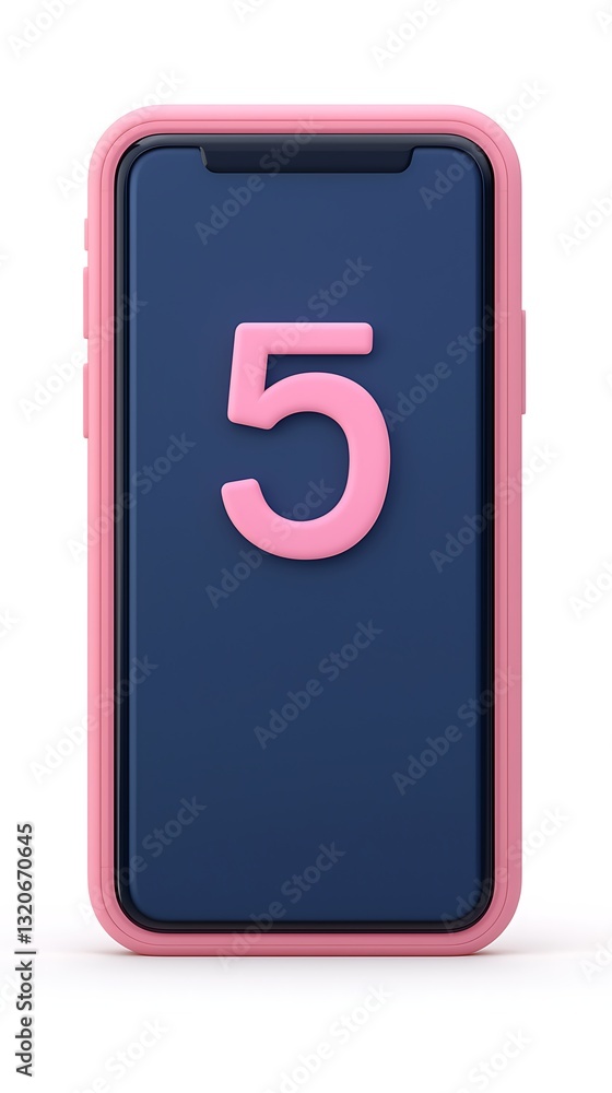 Poster a smartphone with a pink case displaying the number five on its screen, set against a dark backgroun