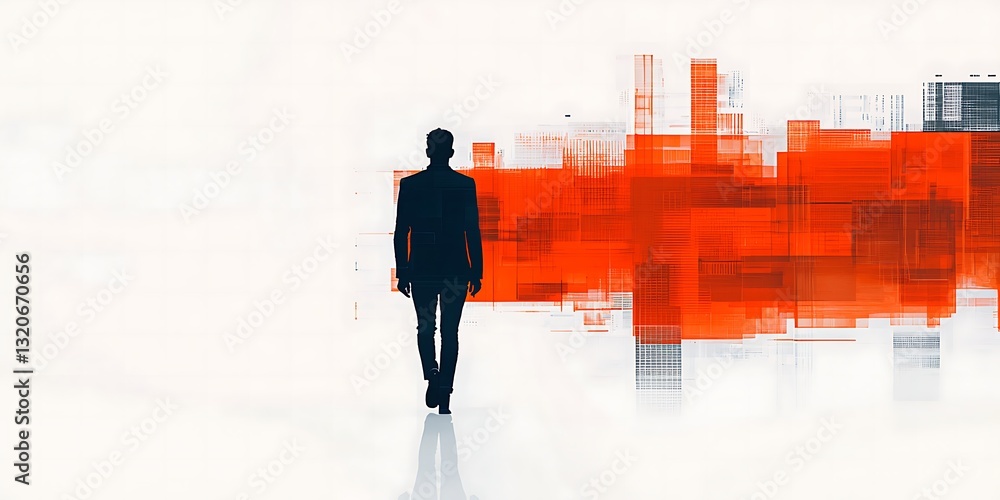 Poster a solitary figure walks towards an abstract red backdrop, symbolizing journey and introspection in a