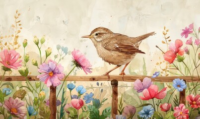 Illustration of a bird perched on a fence, surrounded by colorful wildflowers and a soft, watercolor style background.