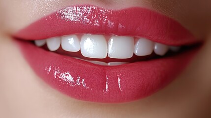 Obraz premium Glossy pink lips, slightly parted, reveal perfectly white teeth, suggesting beauty, health, happiness, and well being.