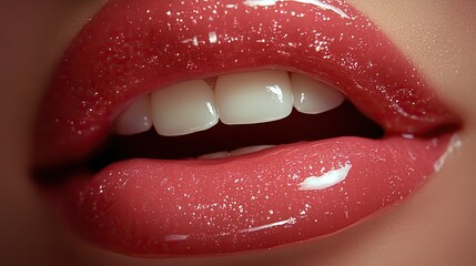 Obraz premium Glossy pink lips, slightly parted, reveal perfectly white teeth, suggesting beauty, health, happiness, and well being.