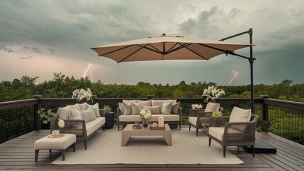 Serene Patio Under a Dramatic Sky: Outdoor Relaxation Amidst a Summer Storm