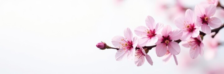 Fototapeta premium Delicate pink spring blossoms, angled branch isolated against white Perfect floral backdrop , spring, light