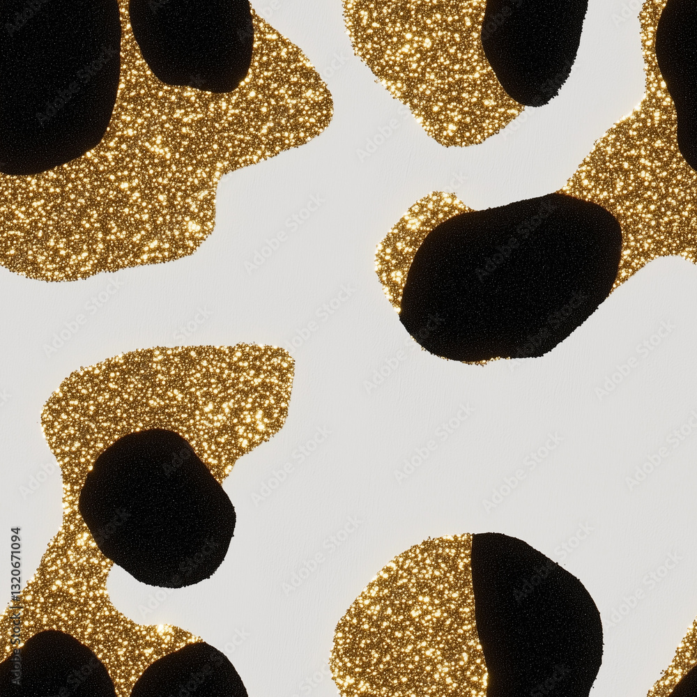 Poster seamless a close-up view of an abstract pattern featuring black spots and shimmering gold glitter on