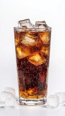 Effervescent bubbles dance atop a chilled glass filled with dark soda, surrounded by scattered ice cubes, creating a crisp and refreshing ambiance perfect for summer enjoyment