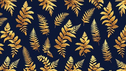 Elegant Golden Fern Leaves Seamless Pattern on a Navy Background
