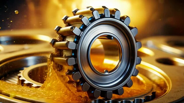 Close-up view of a spinning and moving metal bearing  or gear with dynamic oil splashes on background
