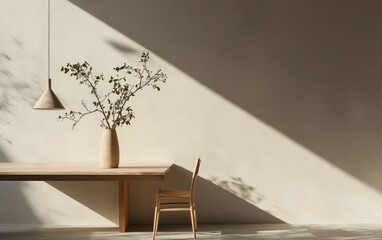 Wooden table with beige vase of branches, wooden chair, and sunlight shadows on a textured off-white wall. Minimalist and serene interior design