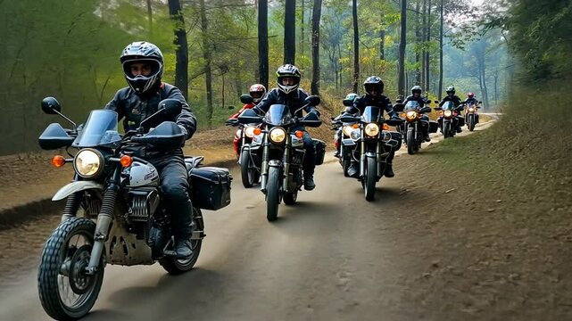 Motorcycle Enthusiasts Exploring Scenic Trails on a Forest Adventure Journey