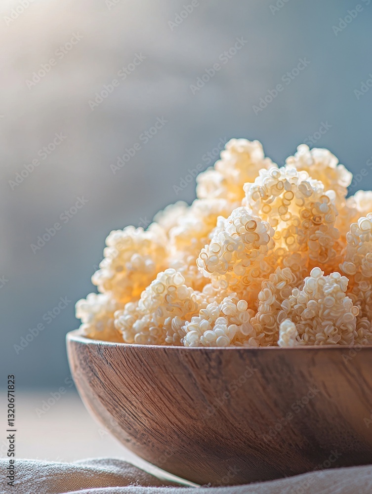 Poster close-up of a wooden bowl filled with small, round, yellow-colored objects. the objects appear to be