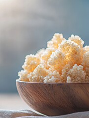 Close-up of a wooden bowl filled with small, round, yellow-colored objects. the objects appear to be quinoa or couscous, and they are arranged in a way that they are overlapping each other.
