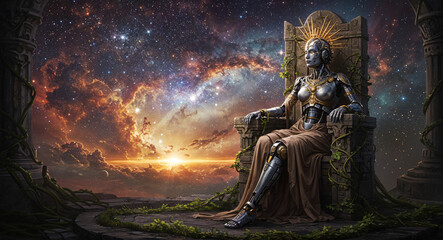  creative visualization of artificial intelligence that has taken over the world, the ruler of the universe. Generative AI