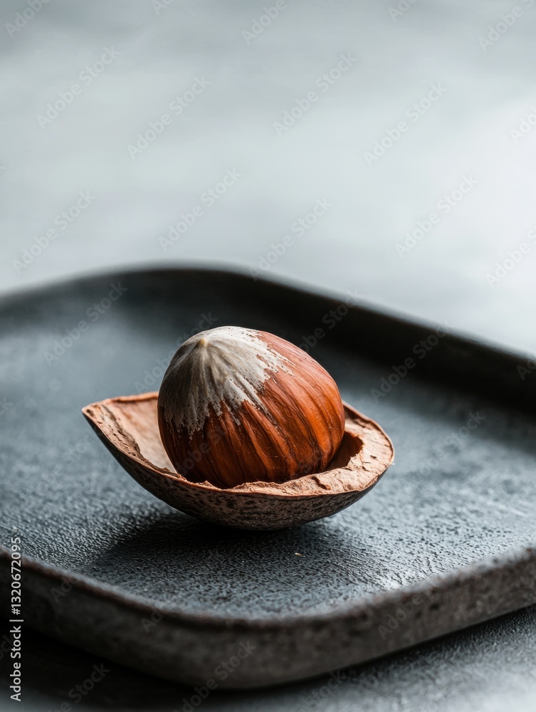 Aufkleber close-up of a single nut on a black tray. the nut is in the center of the tray, with its shell facin