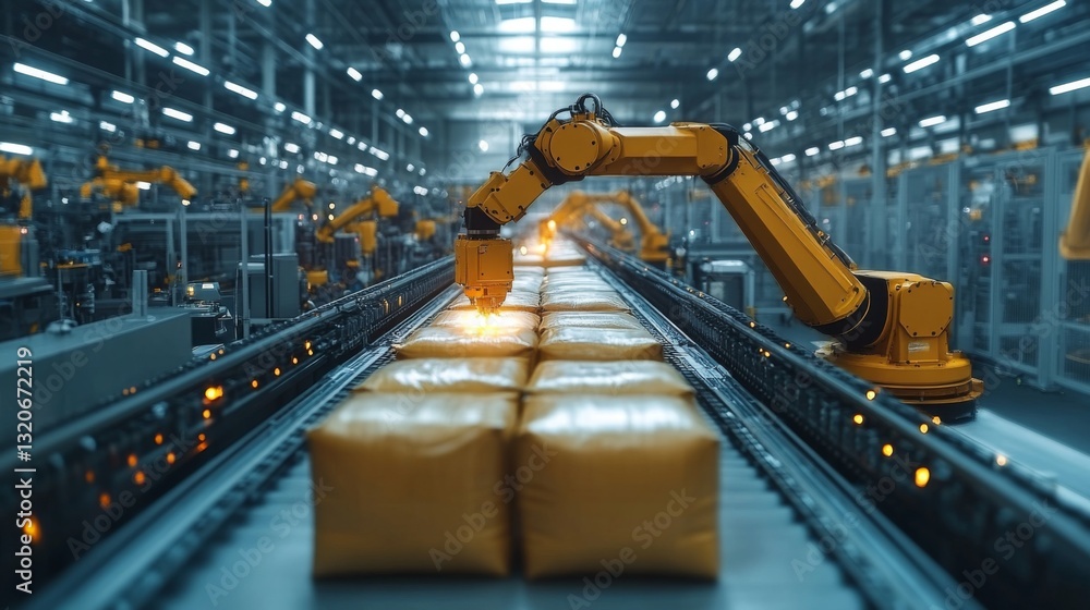 Poster in a state-of-the-art manufacturing plant, robotic arms efficiently package petrochemical products. 