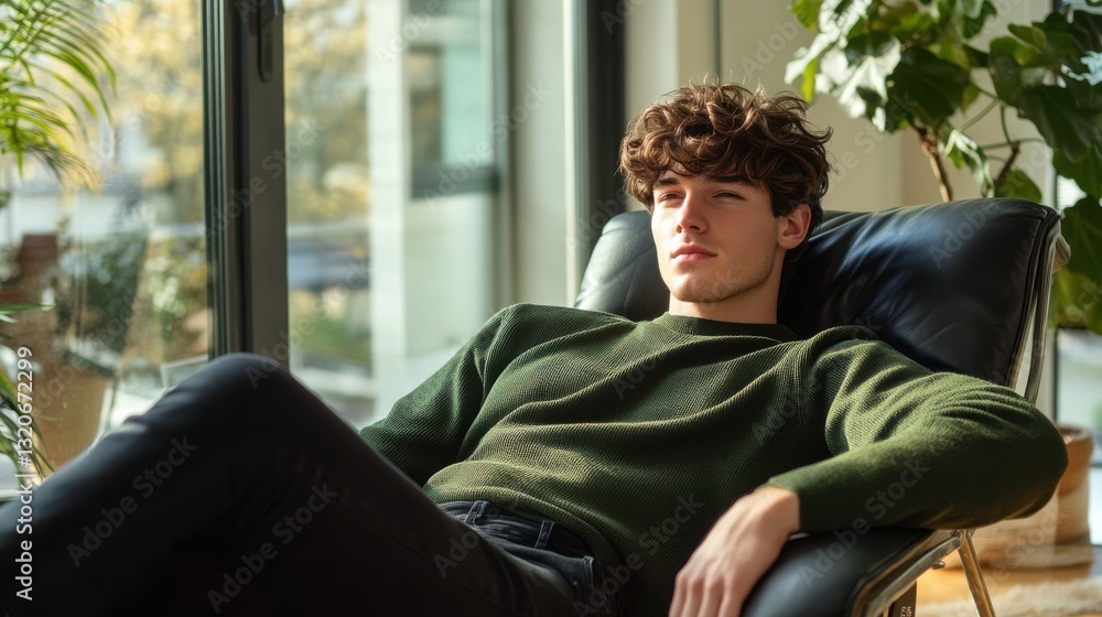 Poster young man lounging in a cozy chair by a large window on a sunny afternoon while enjoying a moment of
