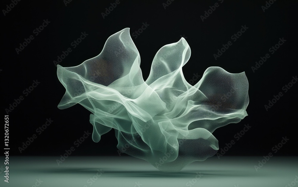 Poster abstract 3d rendering of a flowing, translucent, particle-based form with a teal and white color sch