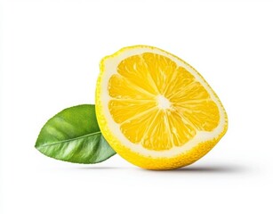 Fresh Yellow Lemon Half with Green Leaf Isolated on White Background
