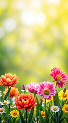Fototapeta premium Vibrant Spring Flowers in Bloom: Colorful Garden Landscape with Daisies and Chrysanthemums