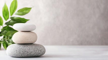 Stacked Stones with Green Leaves Creates Peaceful Spa Balance Scene