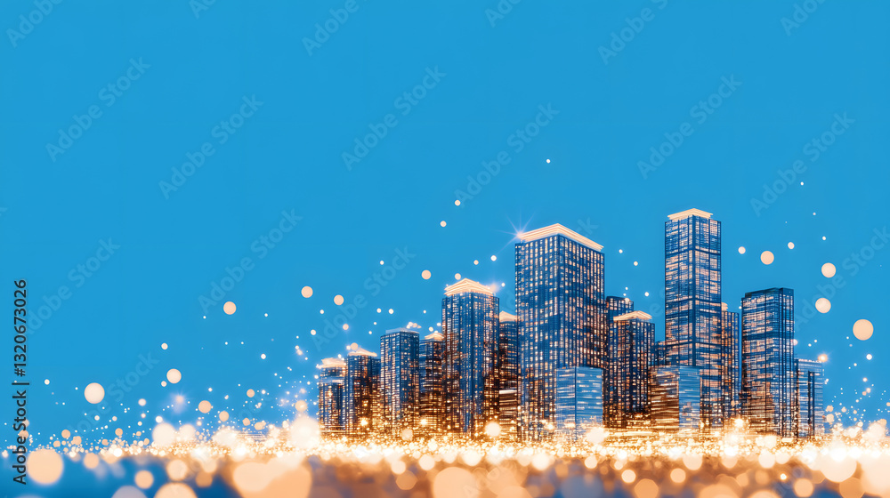 Poster a vibrant city skyline illuminated against a blue background, featuring modern skyscrapers and a bok