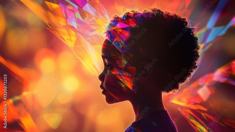 Poster glowing child in vibrant colors illuminated by light at evening event